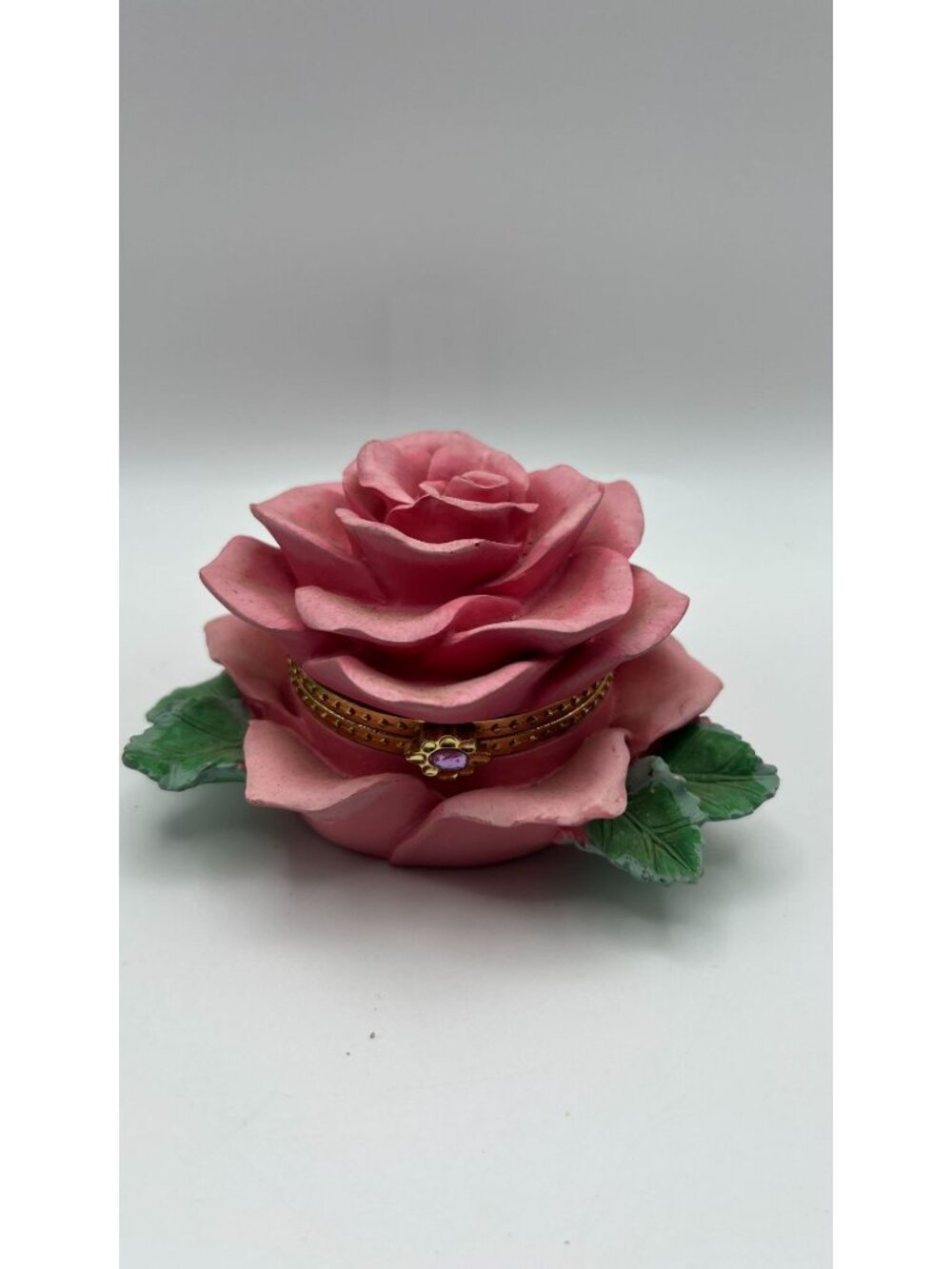 Pink Rose Shaped Trinket Box With Gold-Tone Hinge & Floral Gem Accent